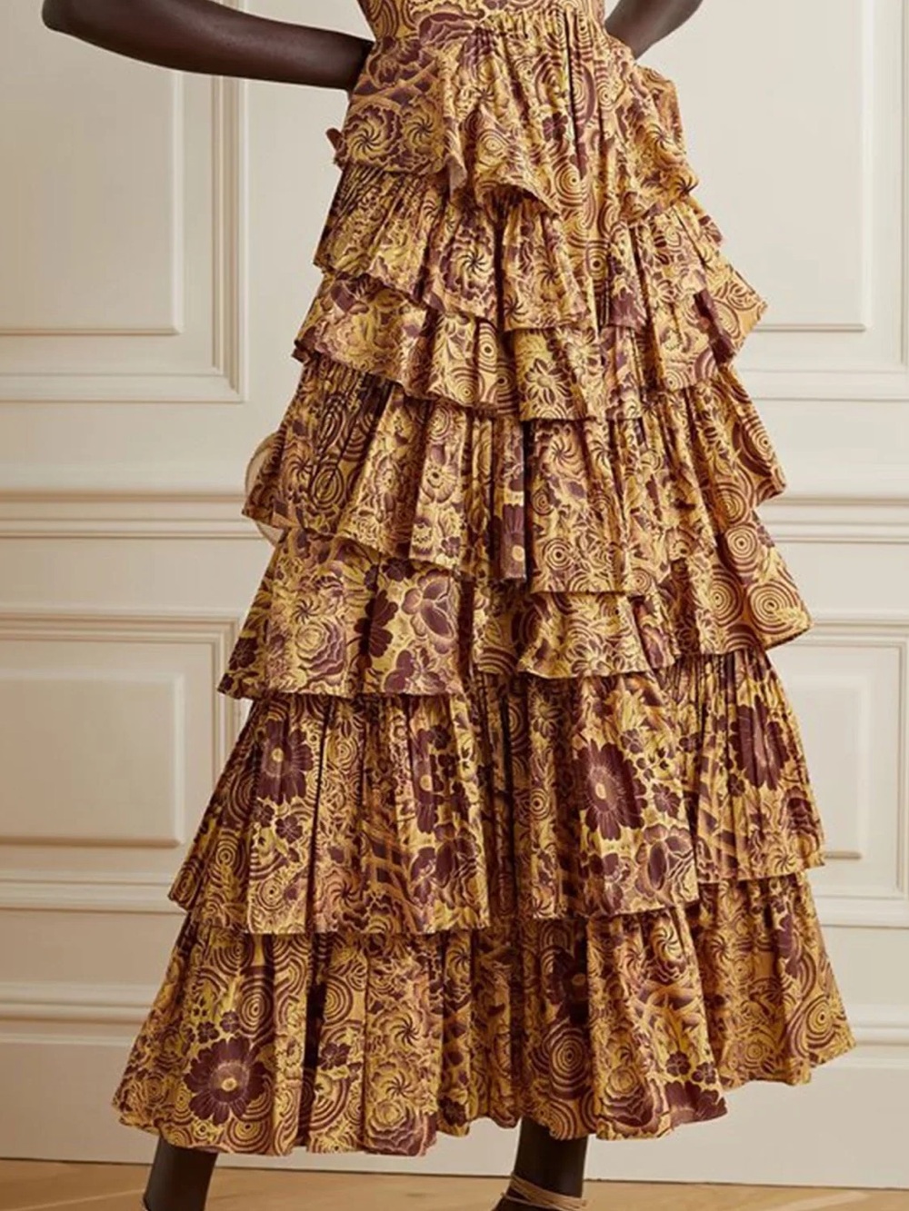 Ulla Johnson Mustard and Burgundy Tiered Ruffle Maxi Skirt